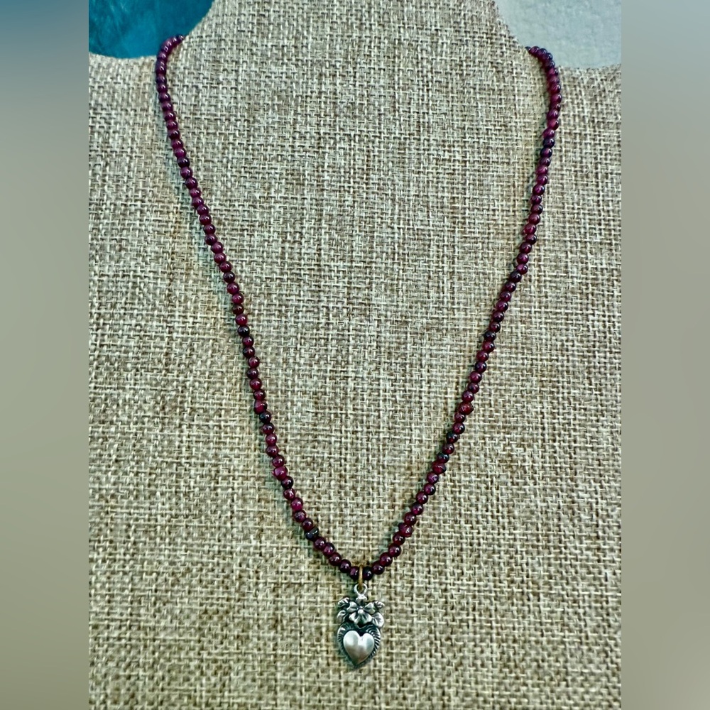 Deep Burgandy Polished Garnet Beaded Necklace Choker Sterling Heart Pendant